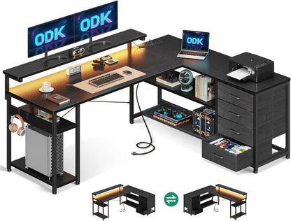 Schreibtisch Eckschreibtisch mit Schubladen USB LED 155×110cm