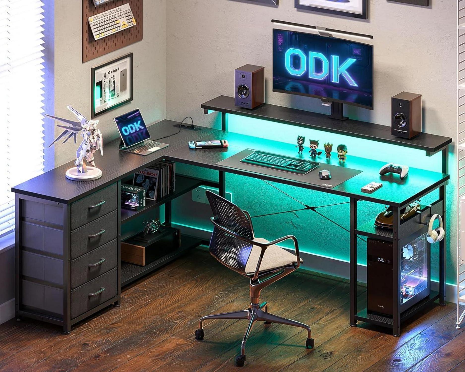 ODK L-förmiger Schreibtisch mit Schubladen, USB, LED
