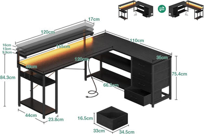 Schreibtisch Eckschreibtisch mit Schubladen USB LED 155×110cm