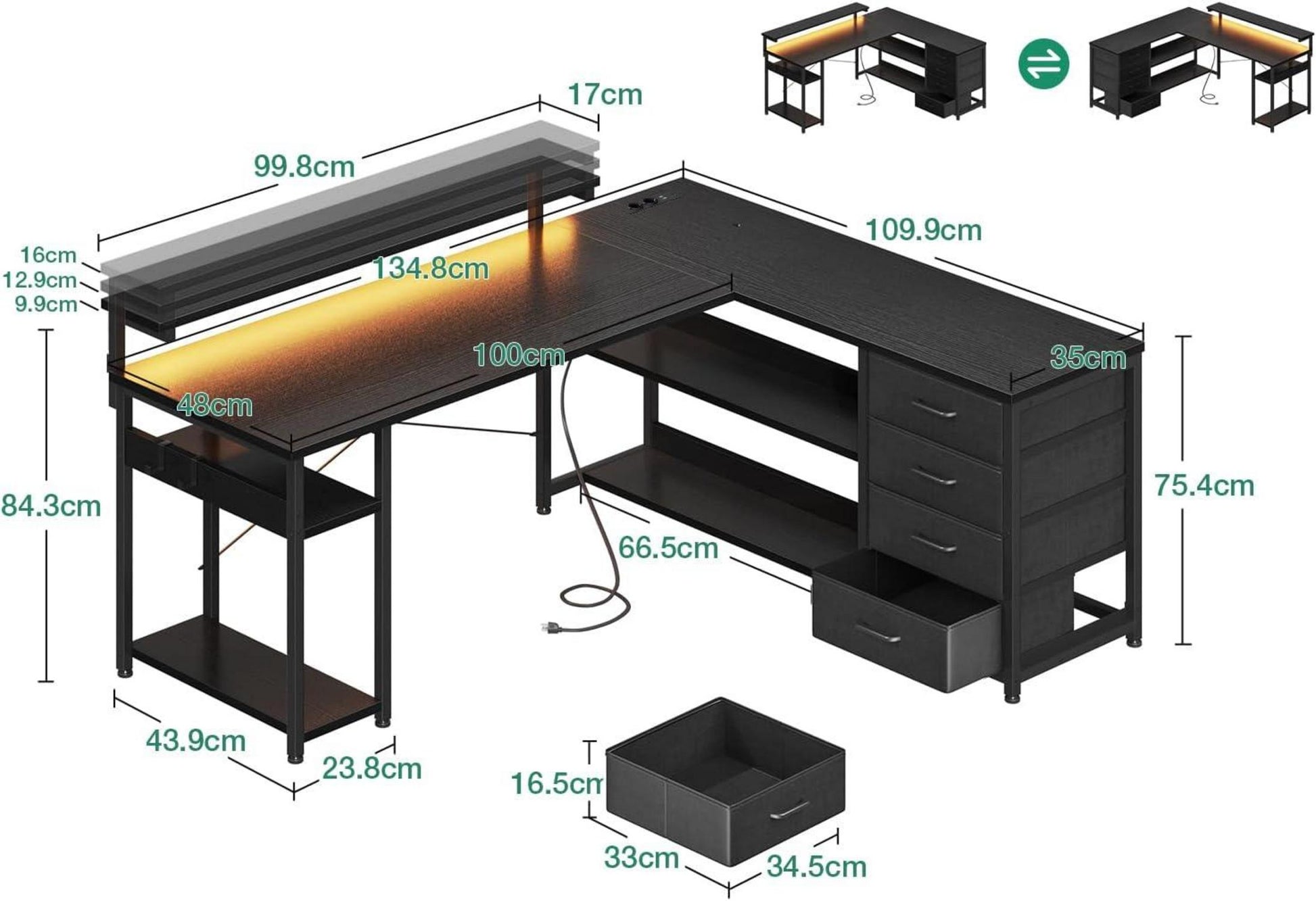 Schreibtisch mit Schubladen und LED-Beleuchtung, L-Form 135×110cm