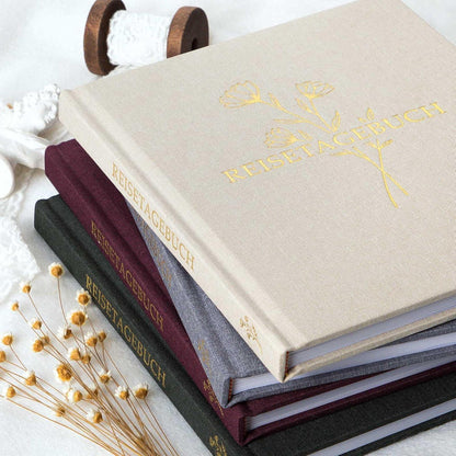 Reisetagebuch Notizbuch Leinen Ausfüllen Fotobuch Aufforderungen Beige