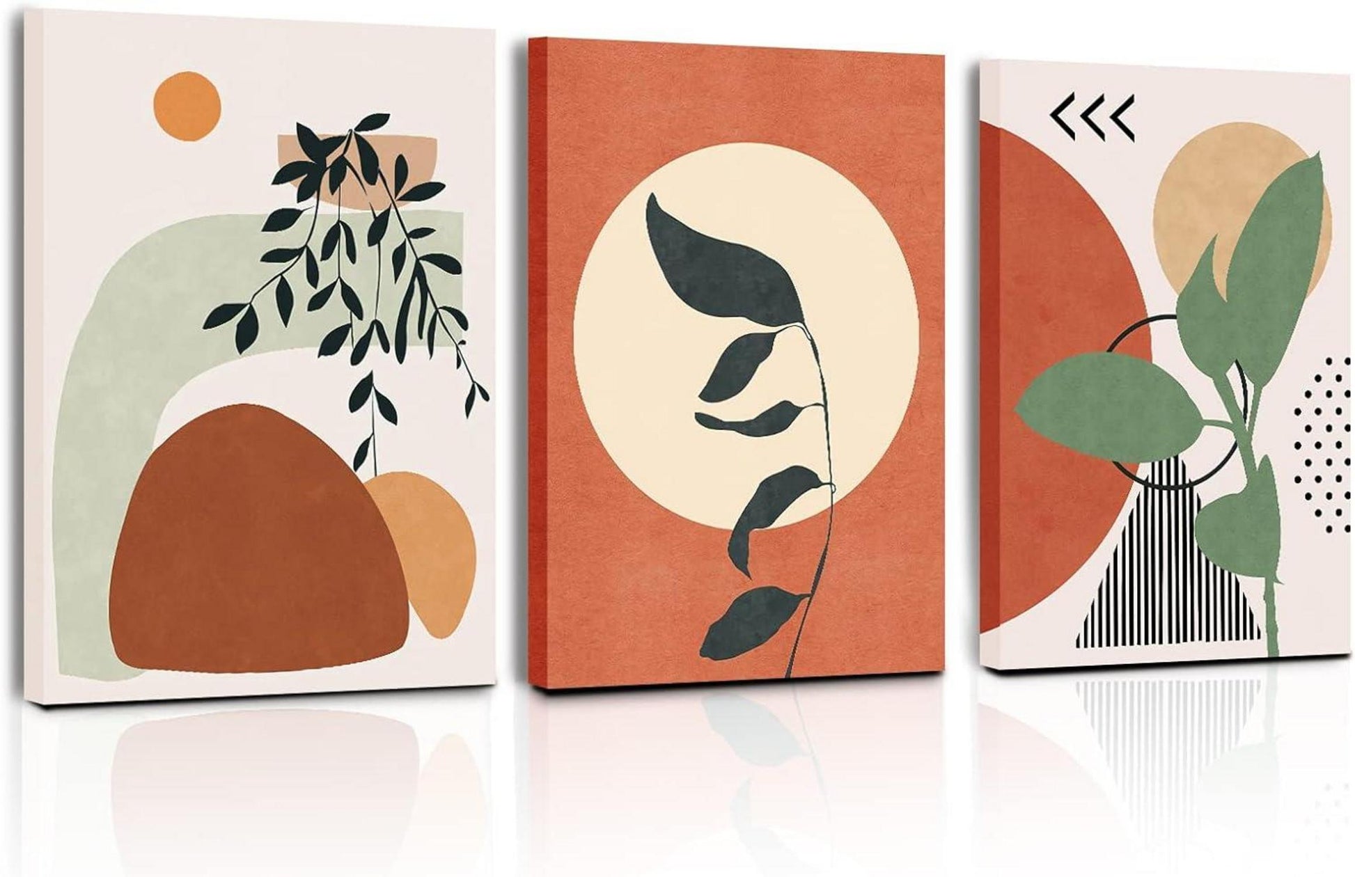 Boho Bilder Orange Abstract Blätter Sonne 3er Pack