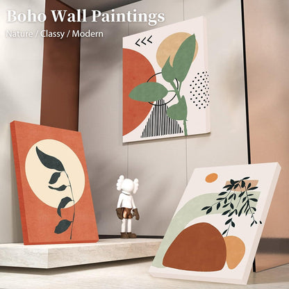 Boho Leinwand Wandbilder Orange Blätter Sonne 3er Pack