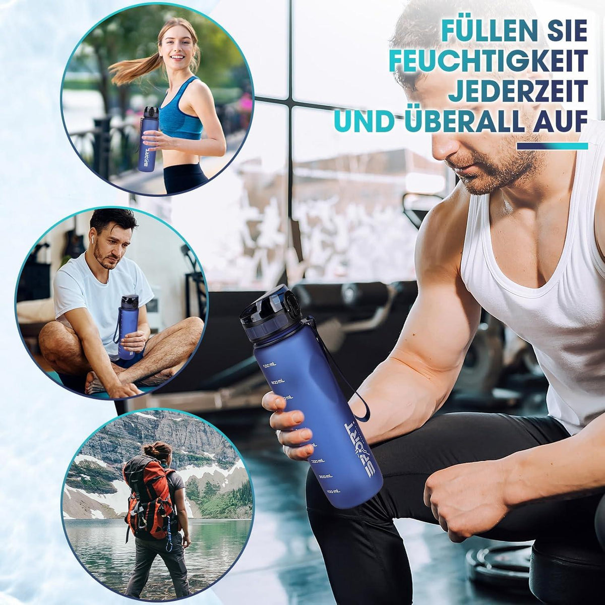 AOPREL 1L Sport Trinkflasche Wasserflasche BPA Frei Auslaufsicher Blue