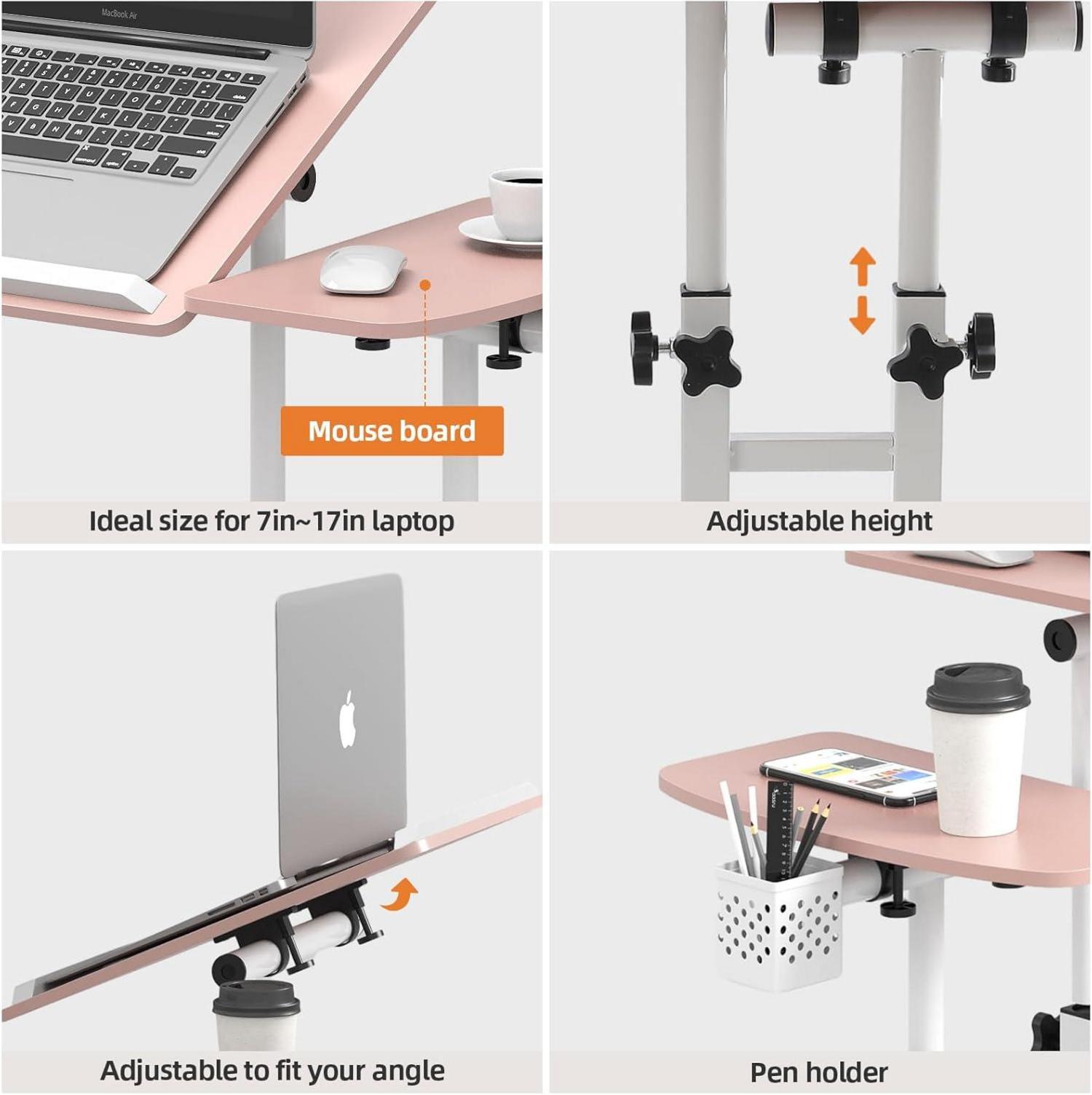 Höhenverstellbarer Laptoptisch mit Rollen und Maustablett - Rosa