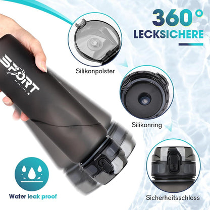 AOPREL Trinkflasche 1L Sport Wasserflasche Auslaufsicher BPA Frei Schwarz