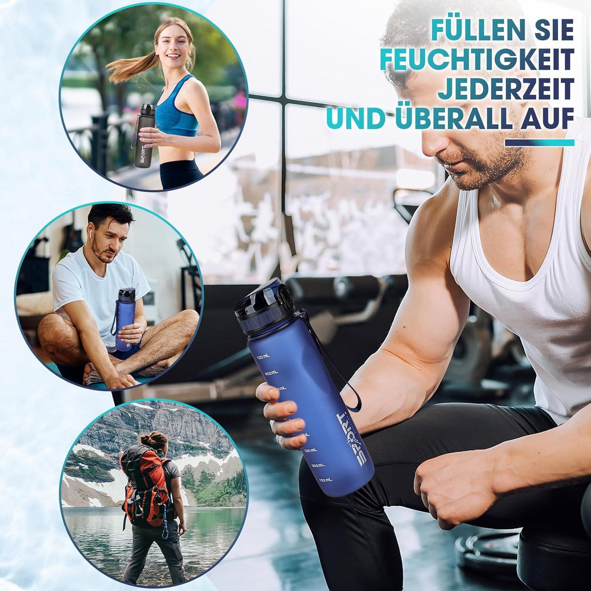 Sport Trinkflasche 1L AOPREL BPA Frei Kapazitätsskala Outdoor Camping