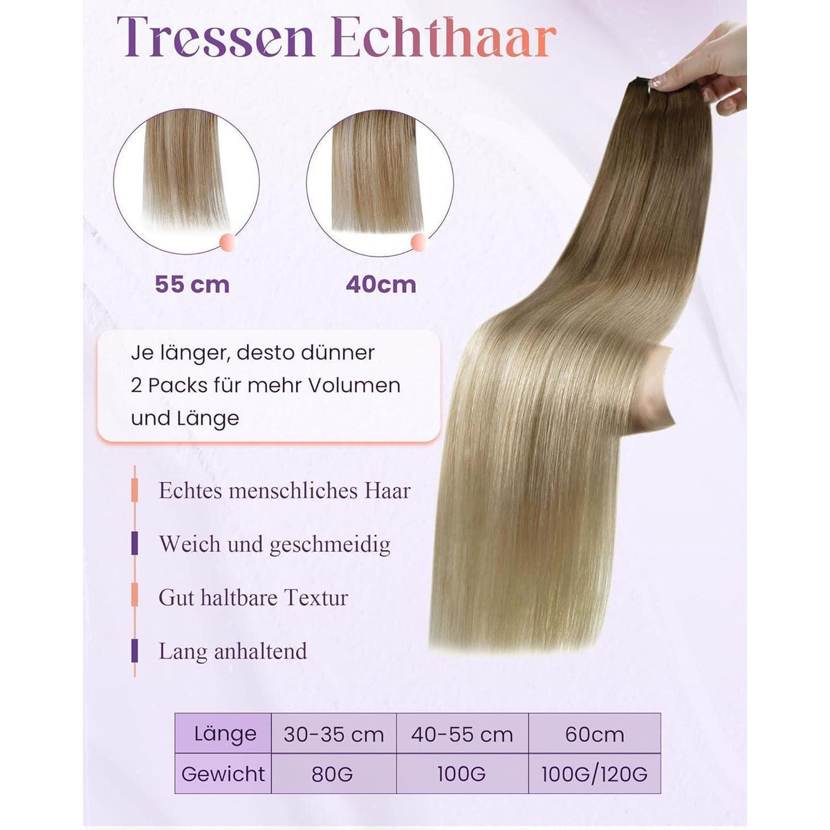 Echthaar Tressen Ombre Blond 55cm - Sew-in Weft #8/18/60