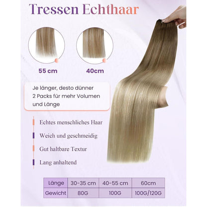 Echthaar Tressen Ombre Blond 55cm - Sew-in Weft #8/18/60