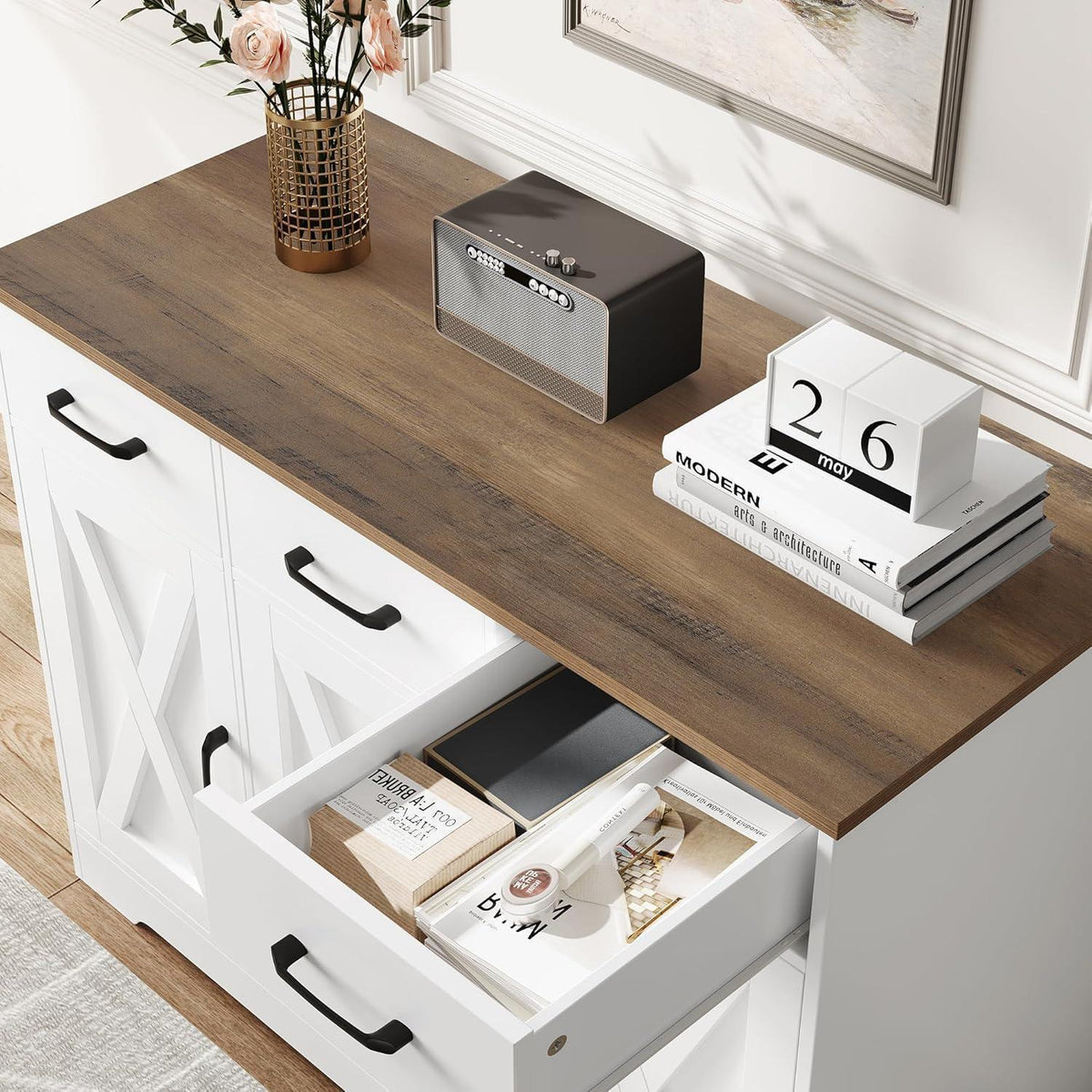 Sideboard mit Schubladen & Türen – Weiß & Braun, Küchenschrank
