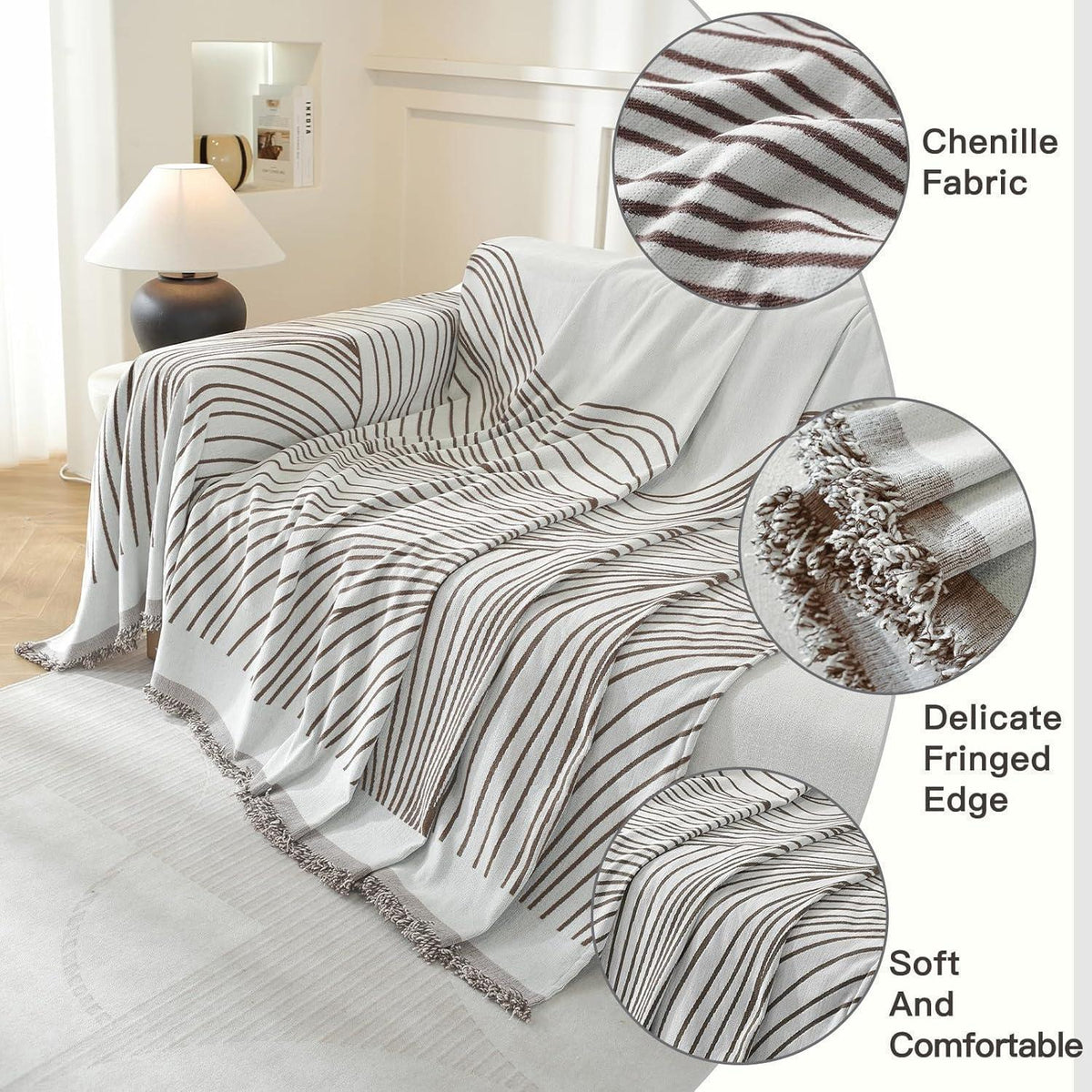 Sofaüberwurf 3-Sitzer, Chenille Dunkelkaffee-Curve 180x340cm