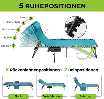 Klappbare Sonnenliege mit 5-Position Rückenlehne und Seitentisch