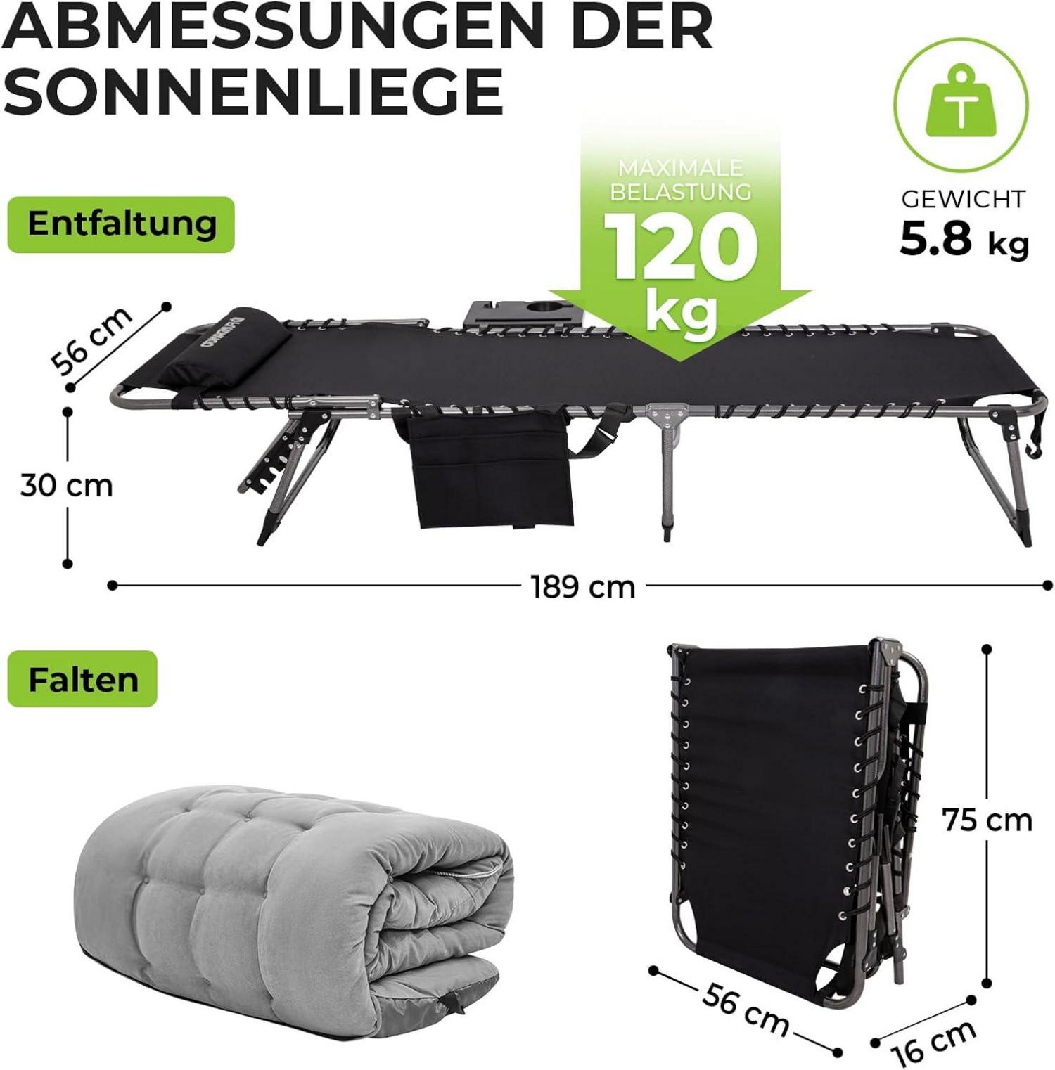 Faltbare Sonnenliege mit Auflage und Seitentisch 5-Position