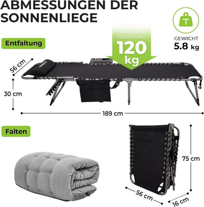 Faltbare Sonnenliege mit Auflage und Seitentisch 5-Position