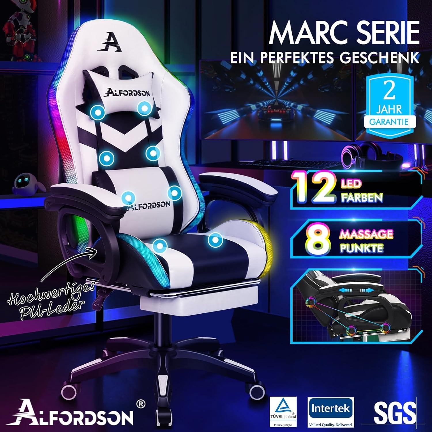 Gaming Stuhl Ergonomisch mit Lendenwirbelkissen, Kopfstütze, RGB