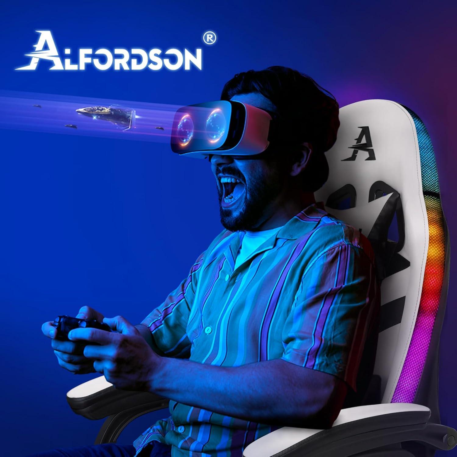 Gamer Stuhl ALFORDSON, Ergonomisch, Weiß, Lendenwirbelkissen, Kopfstütze, Höhenverstellbar