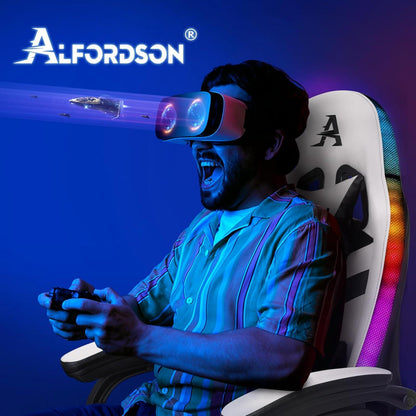 Gamer Stuhl ALFORDSON, Ergonomisch, Weiß, Lendenwirbelkissen, Kopfstütze, Höhenverstellbar