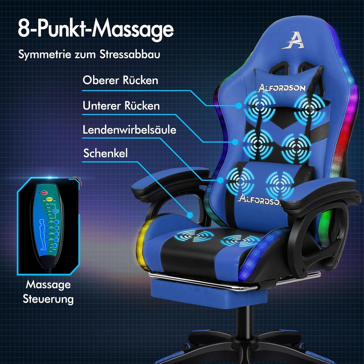 Gaming Stuhl mit Massage RGB LED-Licht Bürostuhl Ergonomisch Blau