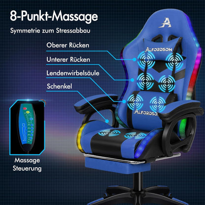 Gaming Stuhl mit Massage RGB LED-Licht Bürostuhl Ergonomisch Blau