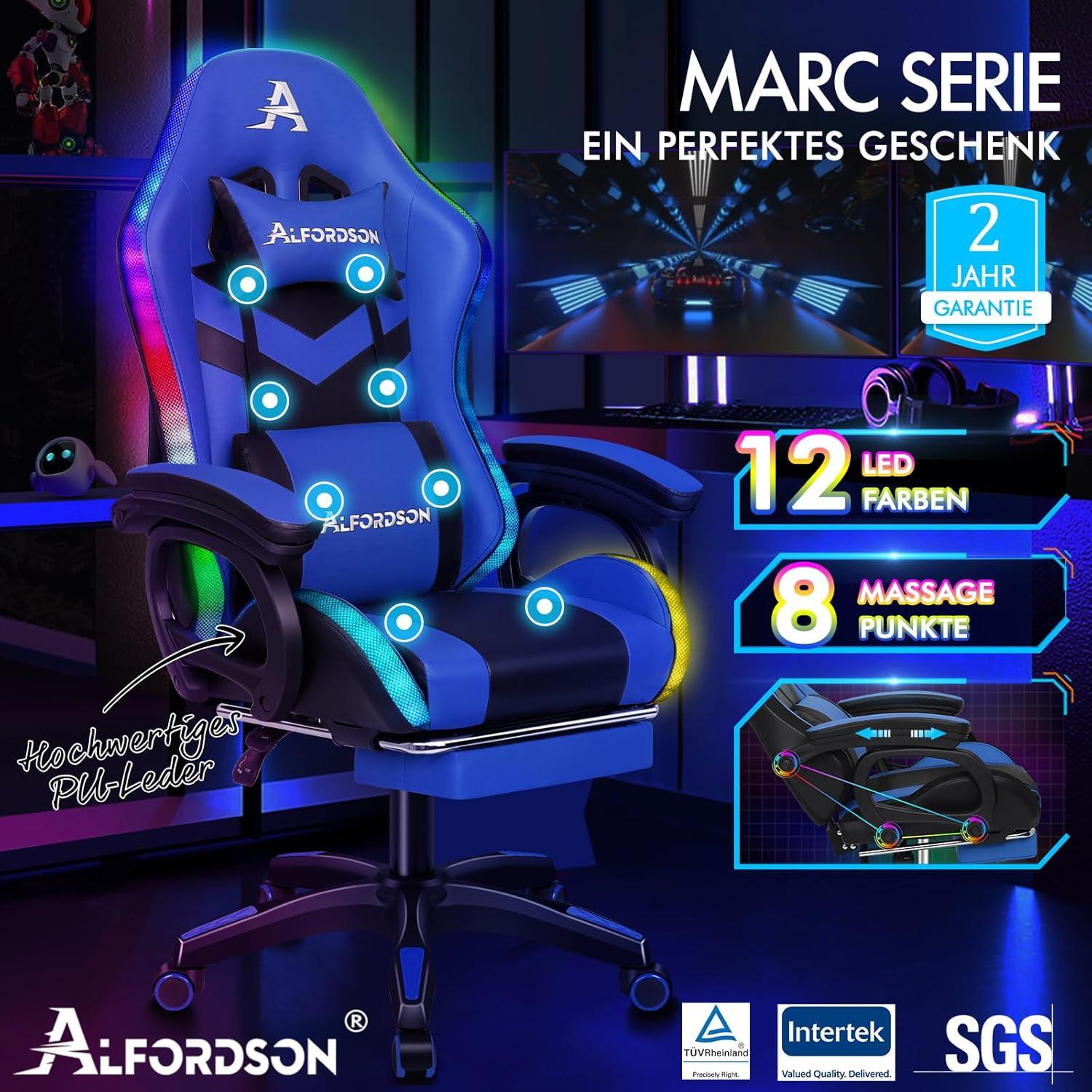 Gaming Stuhl mit Massage RGB LED Licht Ergonomisch Blau