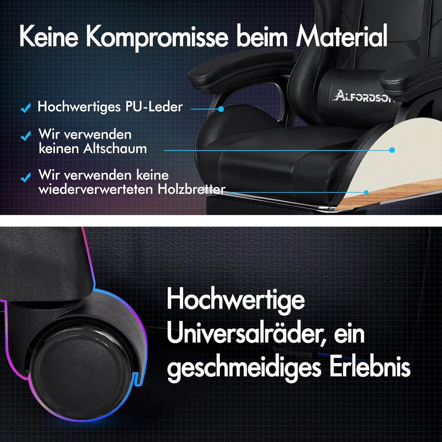 Gamingstuhl mit 2-Punkt-Massage und Fußstütze, 150° verstellbar, PU-Leder, Schwarz