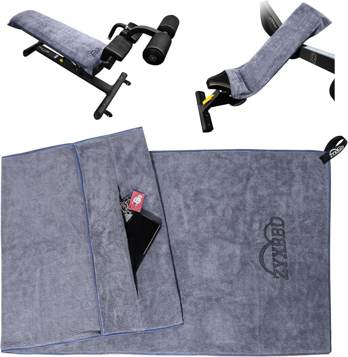 ZYXBBD Fitness Handtuch 120x50cm rutschfest mit Tasche Grey