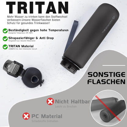 AOPREL Trinkflasche 1l, BPA-frei, Tritan, Kohlensäure geeignet, Auslaufsicher schwarz