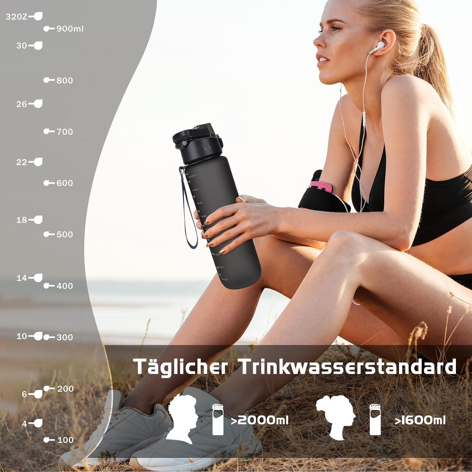 Trinkflasche 1l BPA-frei aus Tritan Sport Flasche Schwarz
