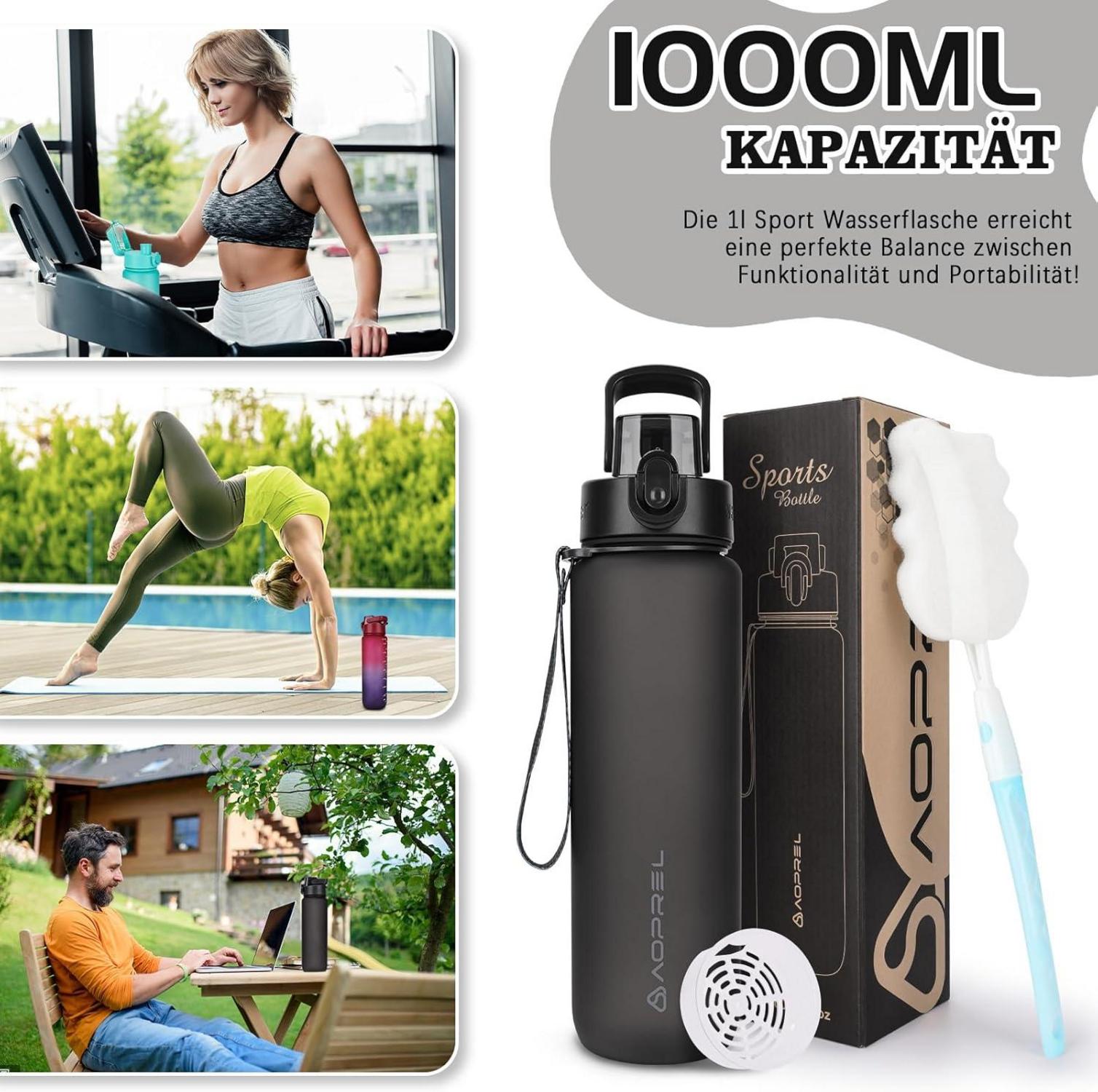 Trinkflasche 1l BPA-frei Tritan Sportflasche Kohlensäure geeignet, Auslaufsicher