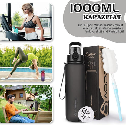 Trinkflasche 1l BPA-frei Tritan Sportflasche Kohlensäure geeignet, Auslaufsicher