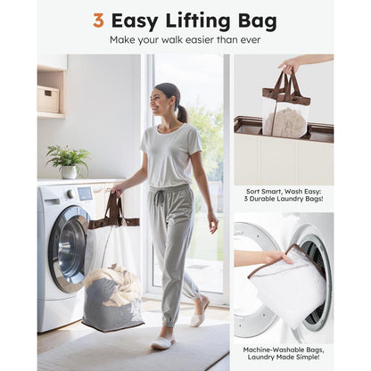 180L Wäschekorb 3 Fächer mit Deckel und Wäschesäcken Beige