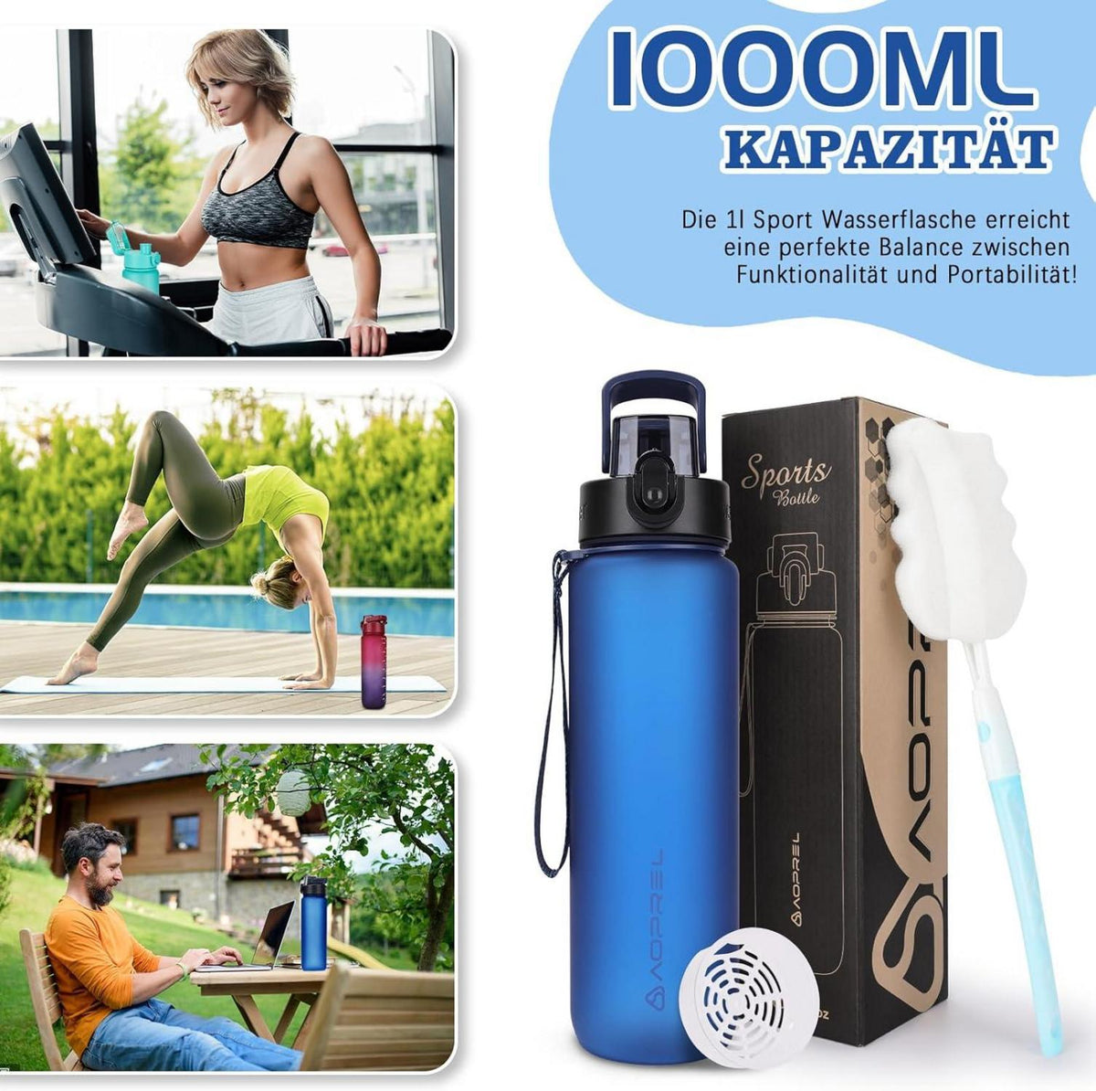 AOPREL Trinkflasche 1l BPA frei Tritan Sport Flasche Kohlensäure Auslaufsicher
