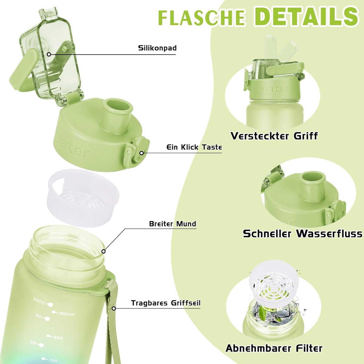 AOPREL Trinkflasche 1l BPA-Frei Tritan Sport Kohlensäure