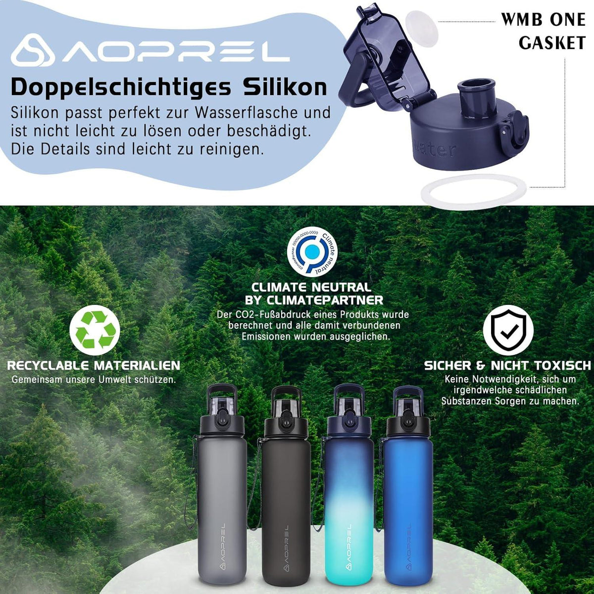 AOPREL Trinkflasche 1l BPA-frei Tritan Sport Wasserflasche Fitness Camping Büro
