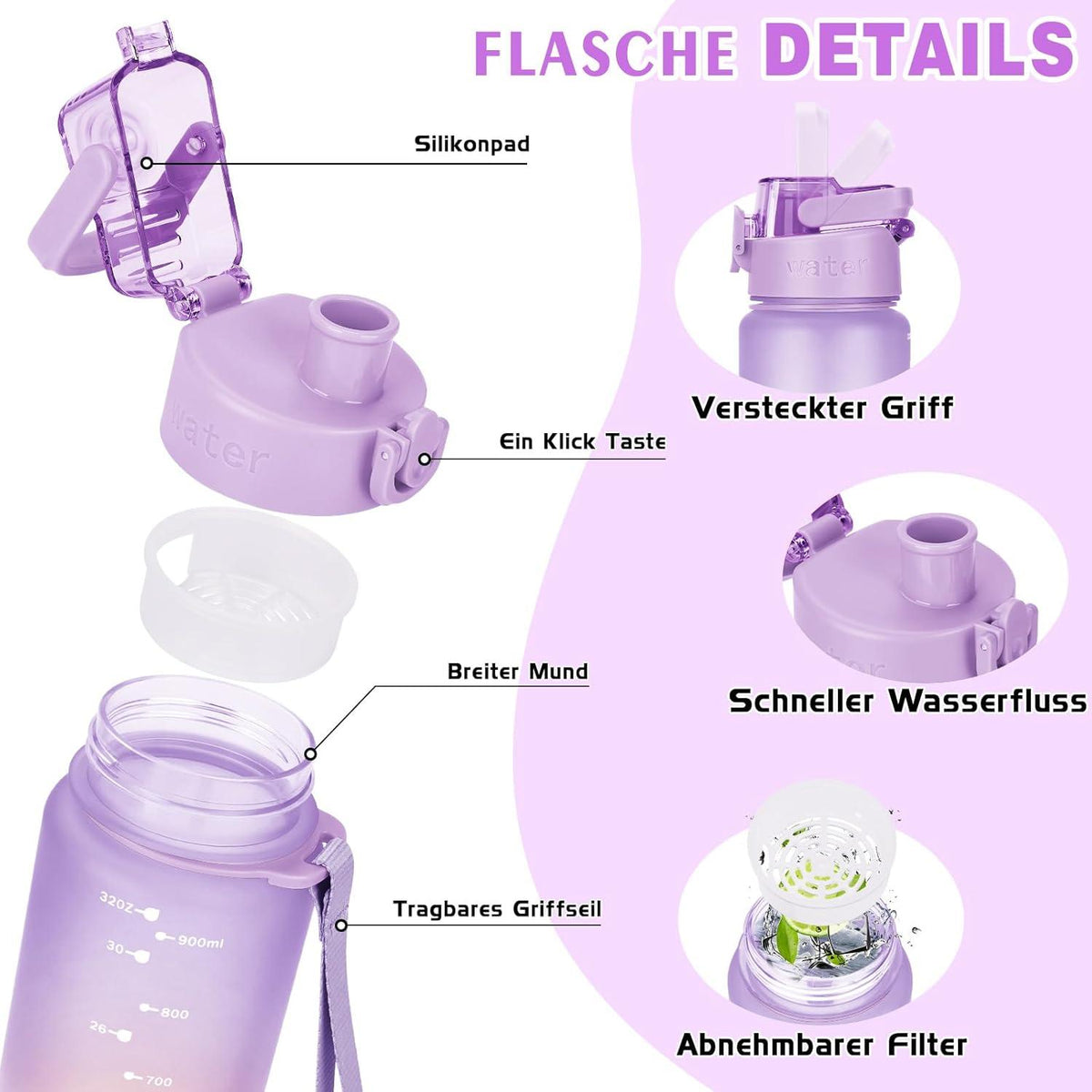 AOPREL Trinkflasche 1l BPA-frei Tritan Sport Wasserflasche