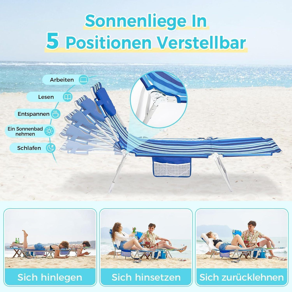 Klappbare Sonnenliege mit Lesefenster und Kopfstütze, 5-fach verstellbar