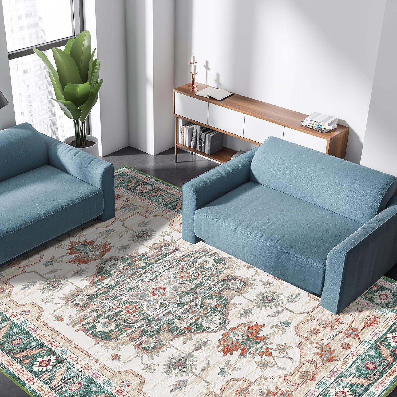 Vamcheer Vintage Teppich Kurzflor Schlafzimmer Waschbar 160x230 cm Grün