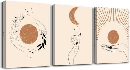 Boho Leinwandbild Orange Sonne Mond Pflanze Wandbild 40x30cm