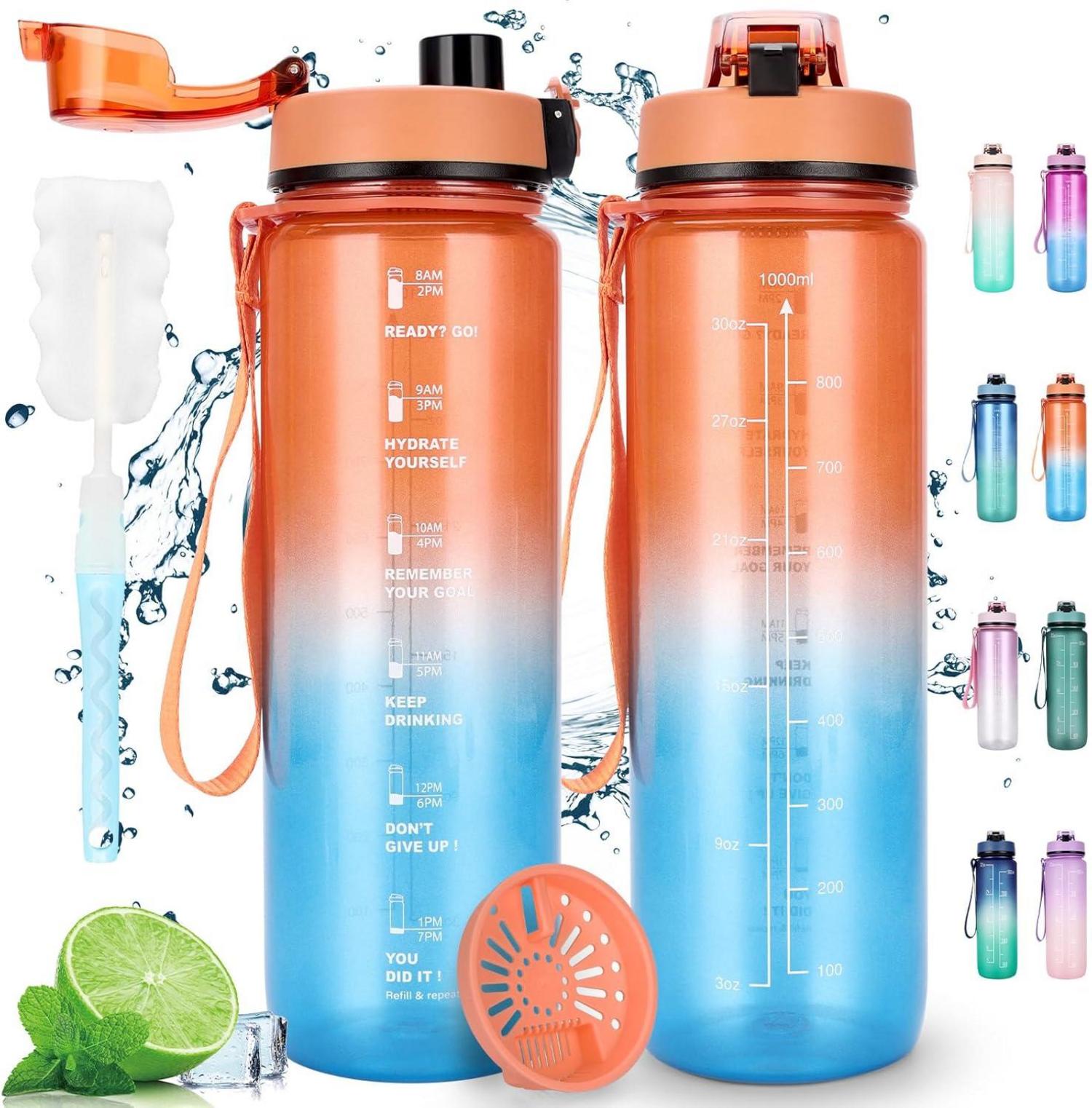 Sport Trinkflasche 1 Liter Auslaufsicher mit Filter & Zeitmarker