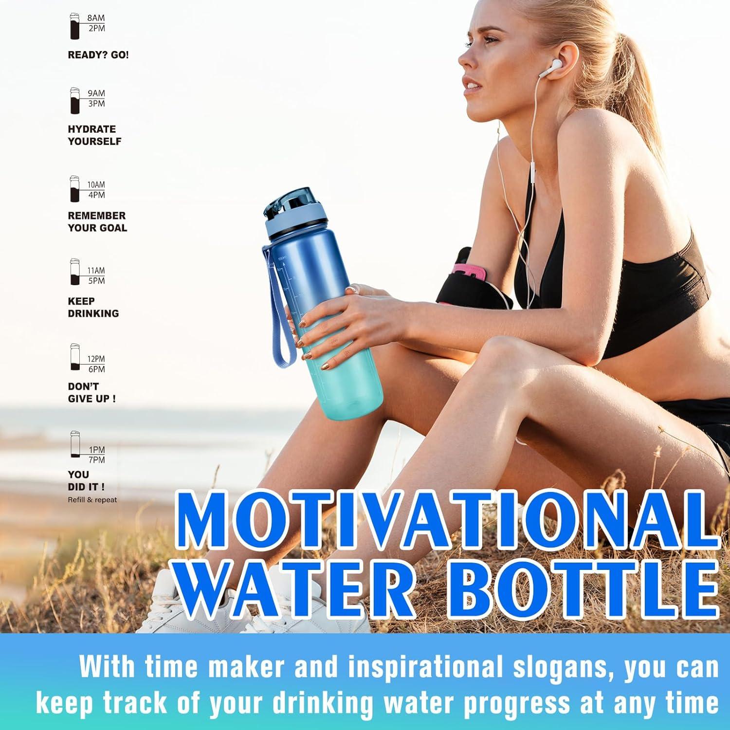 Sport Trinkflasche 1L Auslaufsicher Motivierend mit Zeitmarker BlauGradient