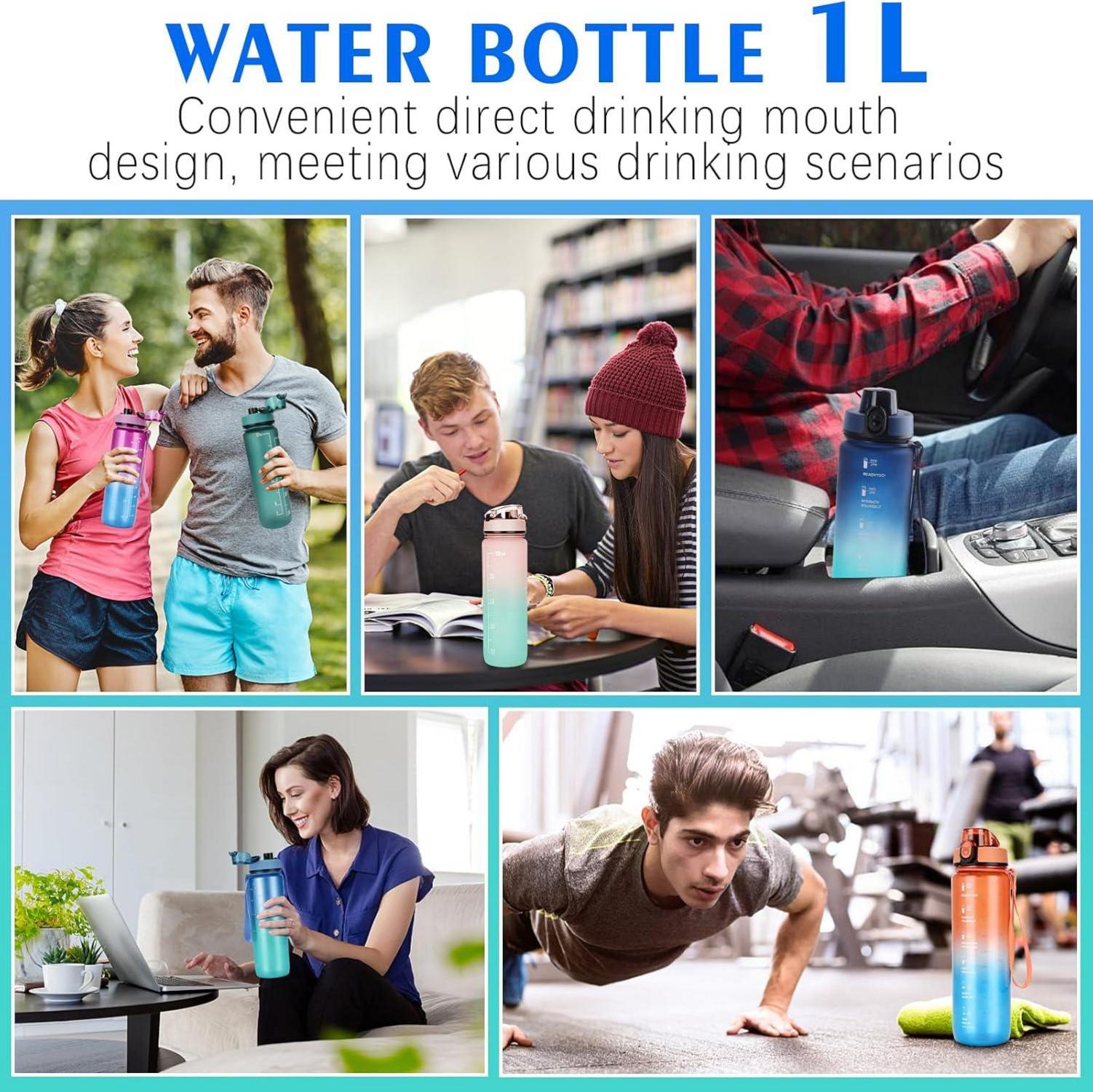 Sport Trinkflasche 1L Auslaufsicher Motivierend mit Zeitmarker BlauGradient