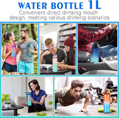 Sport Trinkflasche 1L Auslaufsicher Motivierend mit Zeitmarker BlauGradient