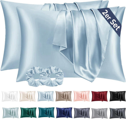 Satin Kissenbezug 40x60 Hellblau mit Haargummis, Pflege für Haut
