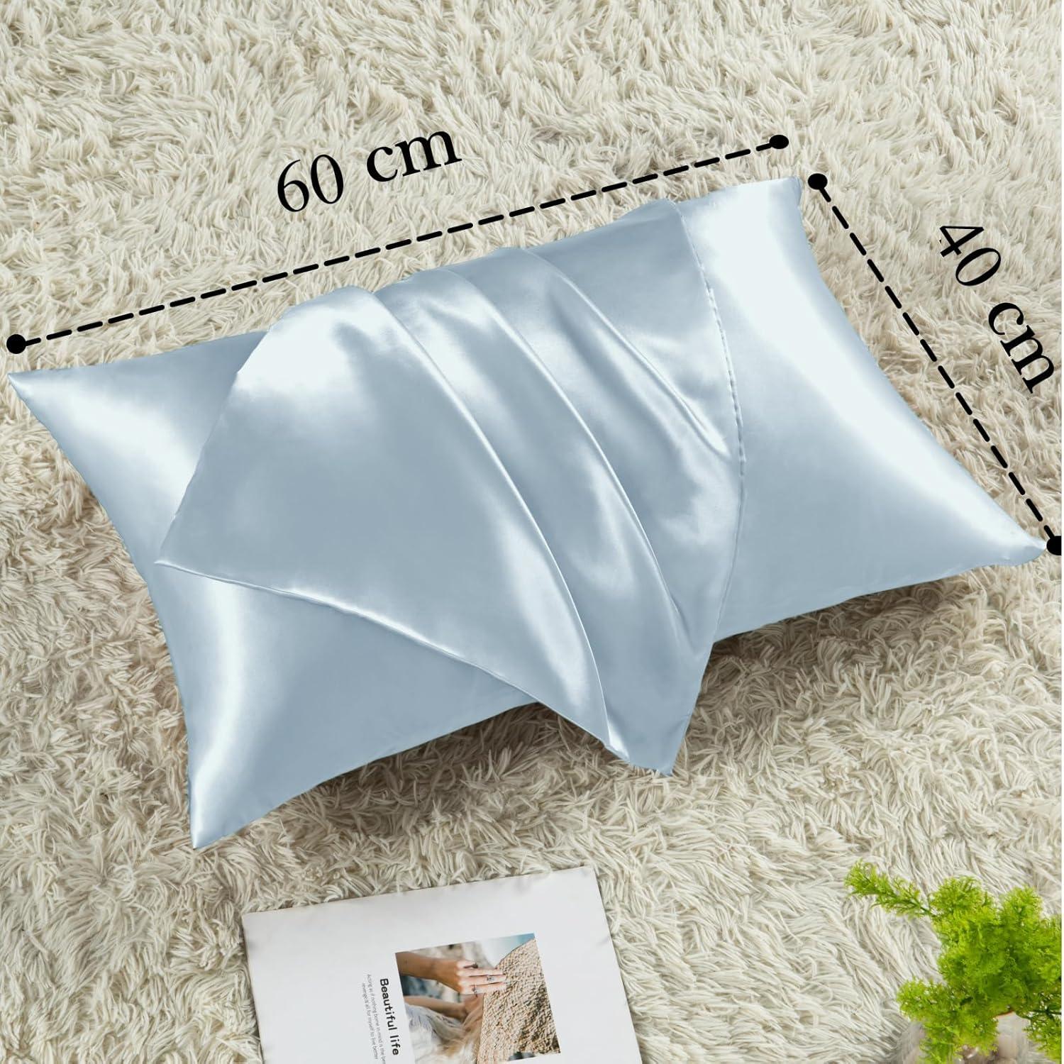 Satin Kissenbezug 40x60 Hellblau 2er-Set mit Haargummis