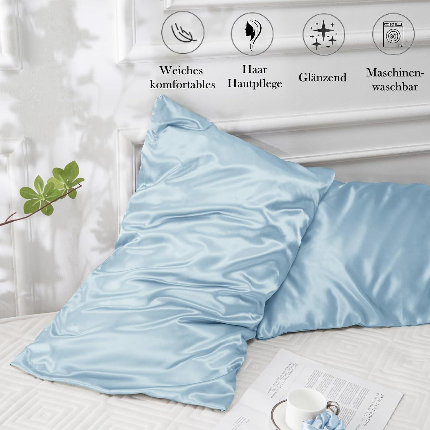 Satin Kissenbezug 40x60 Hellblau 2er Set für Haar & Hautpflege