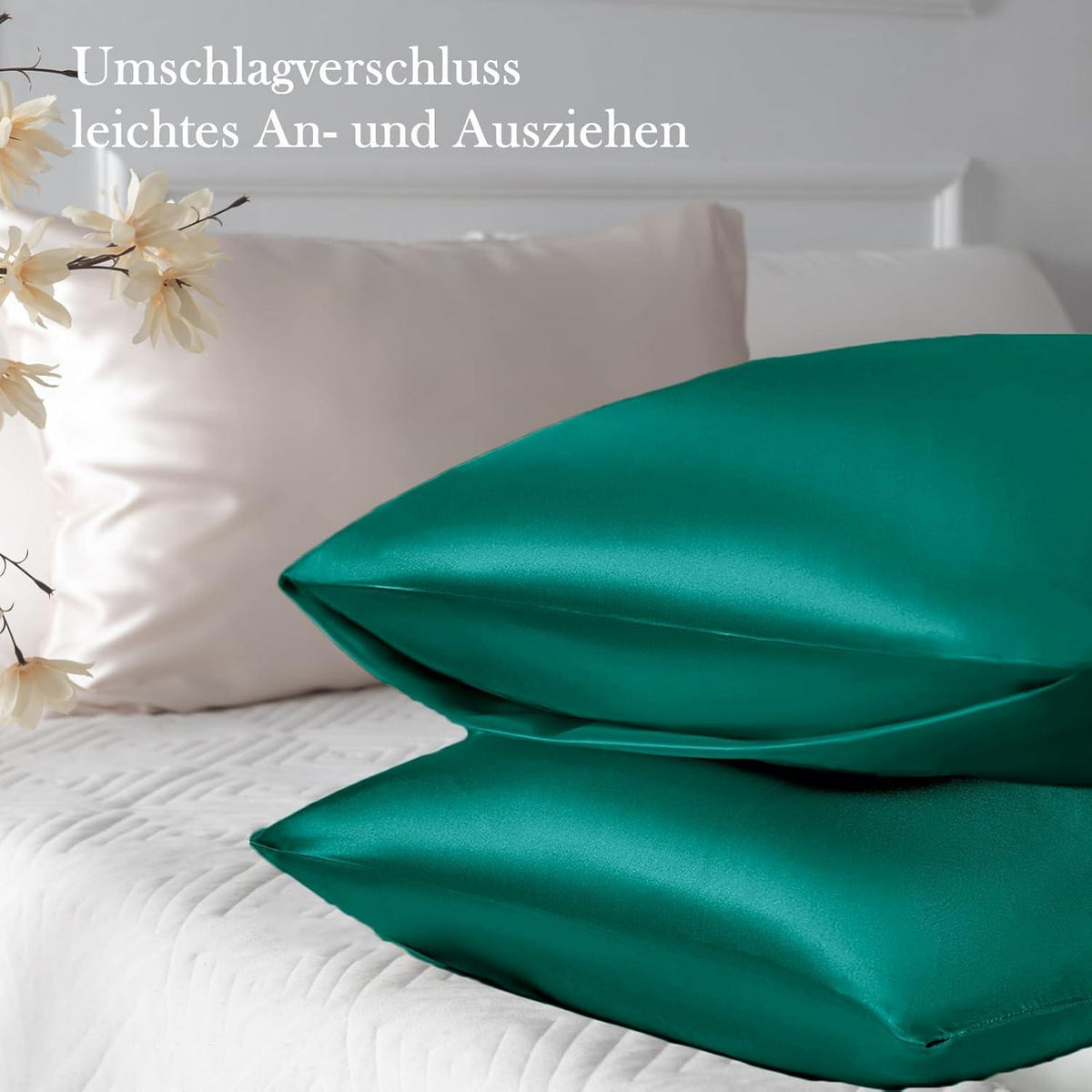 Satin Kissenbezug Dunkelgrün 40x60 2er-Set mit Haargummis