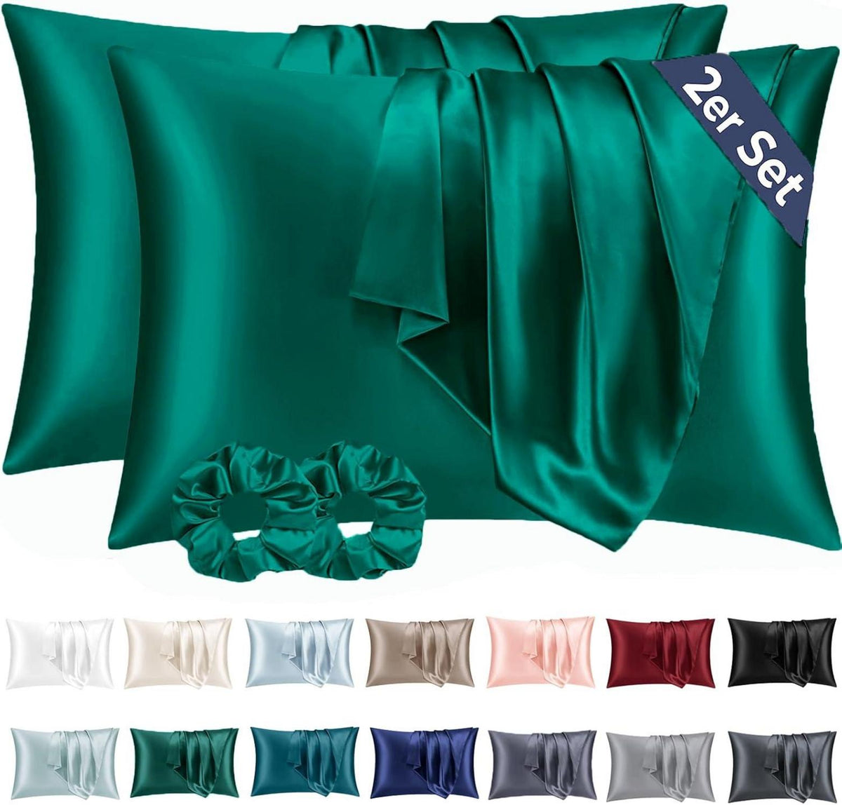 Satin Kissenbezug Dunkelgrün 40x70 mit Haargummis - 2er Set