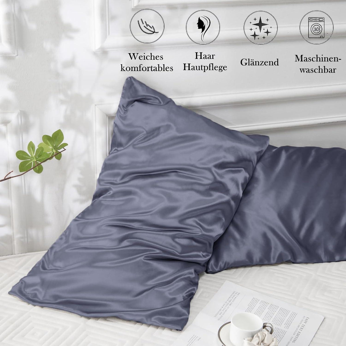 2er-Set Satin Kissenbezug 40x60 Blau Violett inkl. Haargummis