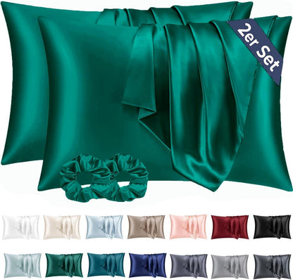 Satin Kissenbezug 50x70cm Dunkel Grün 2er Set mit Haargummis