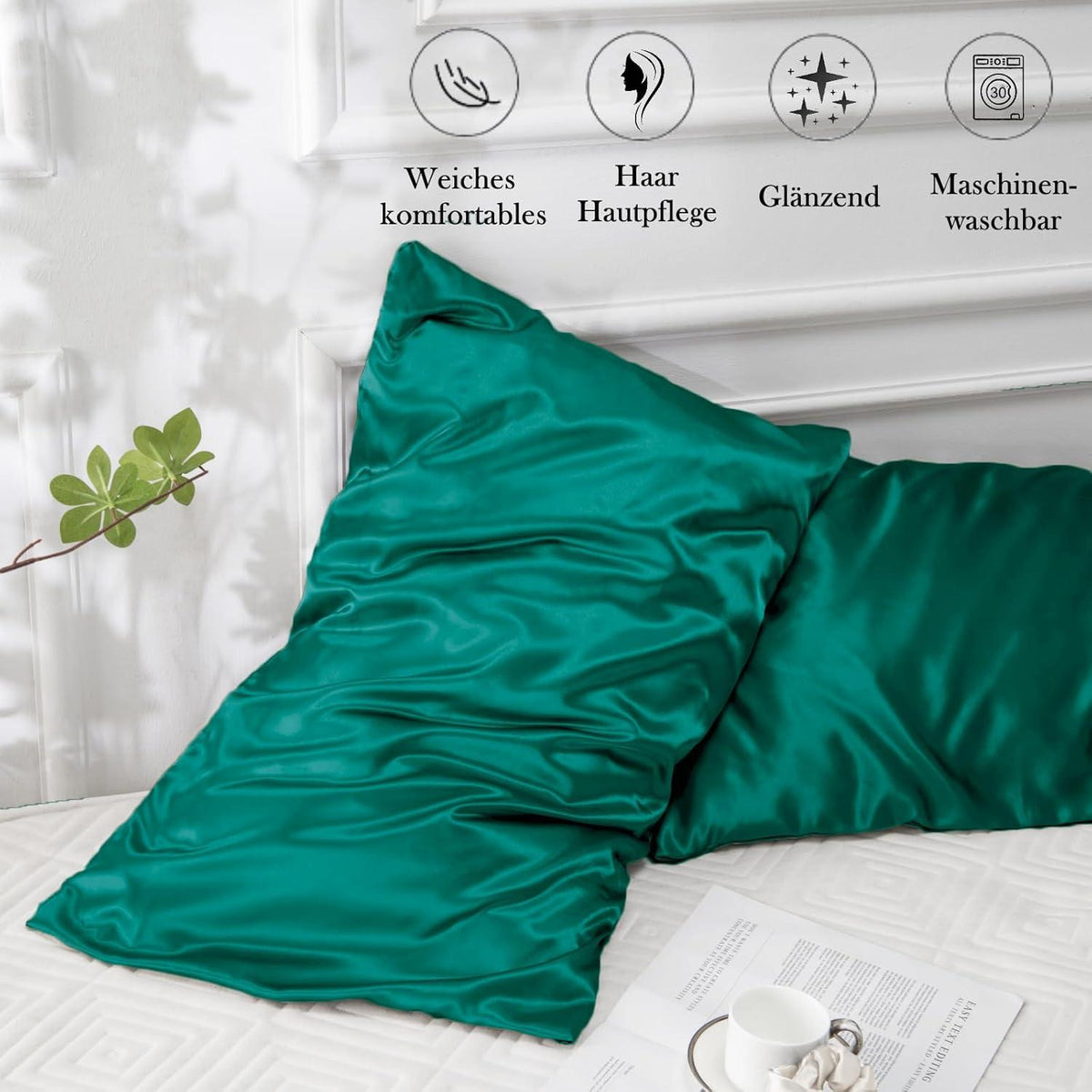 Satin Kissenbezug 2er Set 50x70 Dunkelgrün mit Haargummis